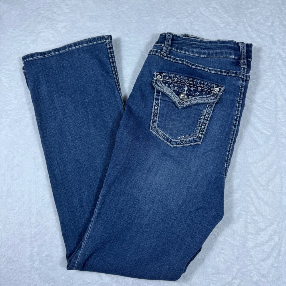 Y2K Earl Jean Women 14 Slim Boot Cut Jeans Embellished Rhinestone Pocket MedWash